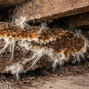 Développement de mérule sur bois avec mycélium blanc et dégradation avancée des éléments structurels
